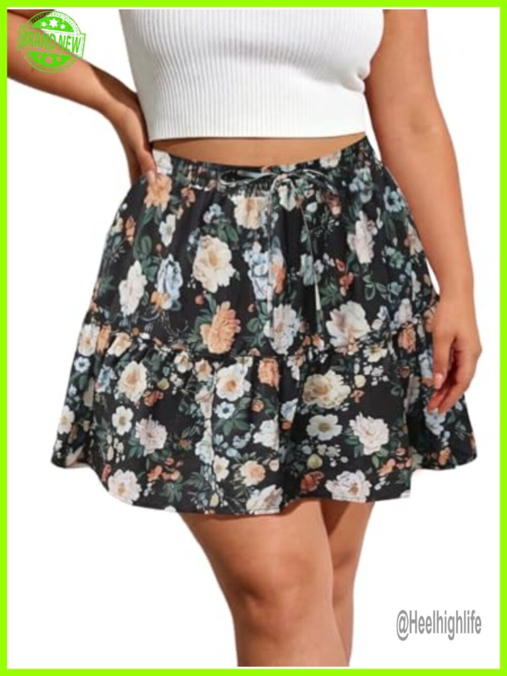 Plus Size Floral Tiered Mini Skort Ruffle High Waist Flowy Shorts with Pockets